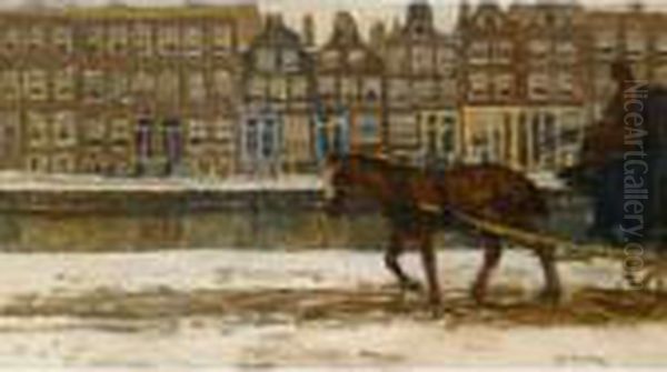 A Horse And Carriage On A Snow Covered Canal In Amsterdam Oil Painting by George Hendrik Breitner