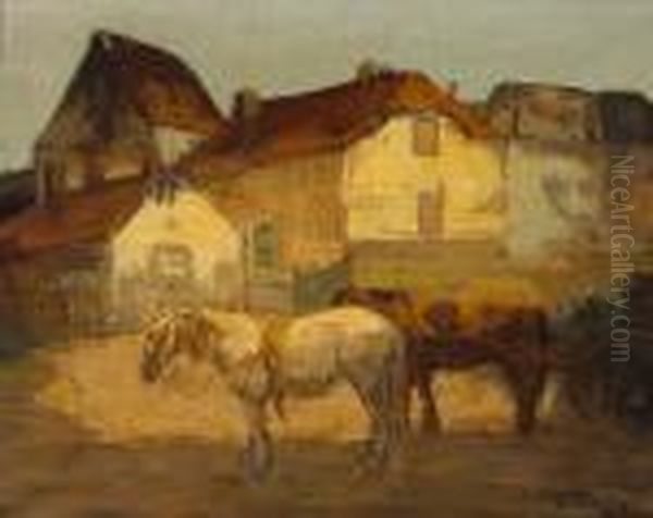 A Village Scene With Two Horses And A Cart In The Foreground Oil Painting by George Hendrik Breitner