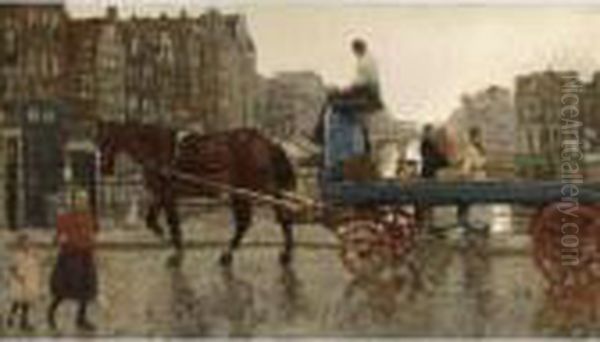 A Horse-drawn Cart Crossing The Eenhoornsluis On The Korte Prinsengracht, Amsterdam Oil Painting by George Hendrik Breitner