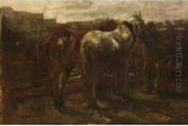 Horses Near A Building Site Oil Painting by George Hendrik Breitner