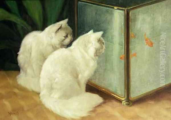 White Cats Watching Goldfish Oil Painting by Arthur Heyer