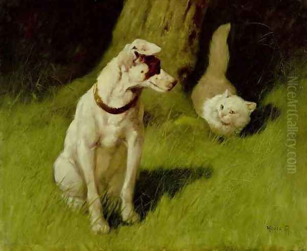 White Persian Cat and Jack Russell Oil Painting by Arthur Heyer