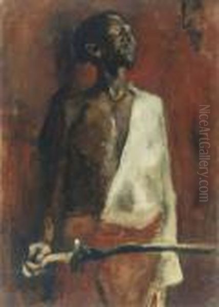 Portrait Of The African Fighter 
Adolf Boutar (recto); Three Waspitten Walking Down A Street (verso) Oil Painting by George Hendrik Breitner