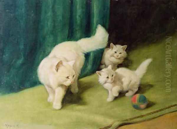 White Persian Cat with Two Kittens Oil Painting by Arthur Heyer