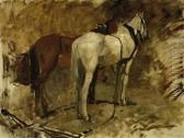 Paardstudie I: Working Horses At Rest - A Study Oil Painting by George Hendrik Breitner