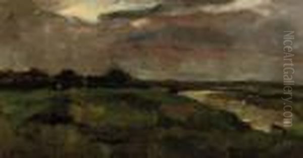 Zomerregen: A Polderlandscape In Grey Weather Oil Painting by George Hendrik Breitner