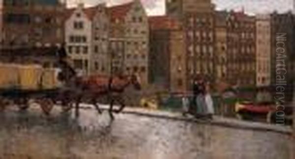 A Working Horse Pulling A Loaded
 Wagon On The Prins Hendrikkade,amsterdam, With The Damrak Beyond Oil Painting by George Hendrik Breitner