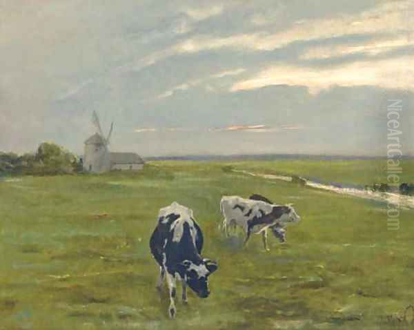 Cattle before a windmill at dusk Oil Painting by Arthur Heyer