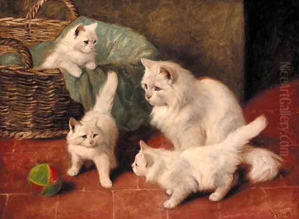 A family of cats at play Oil Painting by Arthur Heyer