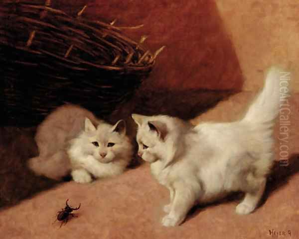 Two white Persian cats with a stag beetle Oil Painting by Arthur Heyer