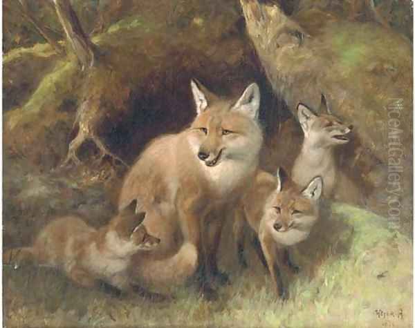 A fox with cubs Oil Painting by Arthur Heyer