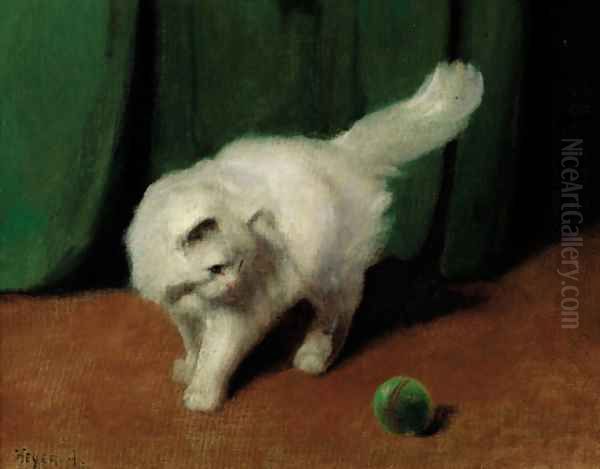 A white Persian cat with a ball Oil Painting by Arthur Heyer