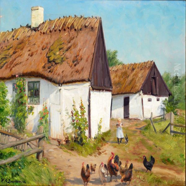 A Little Girl With A Cat And Chickens Near A Whitewashed Cottage With Thatched Roof Oil Painting by Hans Anderson Brendekilde