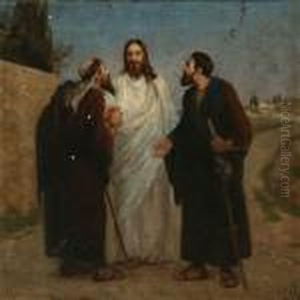 Two Of The Disciples Meeting The Resurrected Jesus On Theway To Wmmaus Oil Painting by Hans Anderson Brendekilde