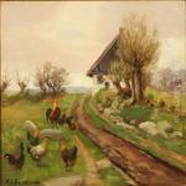 Summer Day On The Country With Free-range Chickens Near Afarmhouse Oil Painting by Hans Anderson Brendekilde