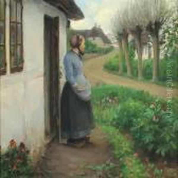 Woman In Herflowering Garden Oil Painting by Hans Anderson Brendekilde