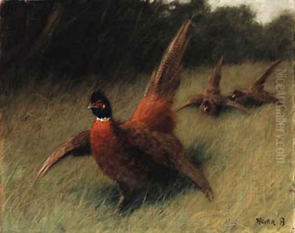 Pheasants in a Landscape Oil Painting by Arthur Heyer