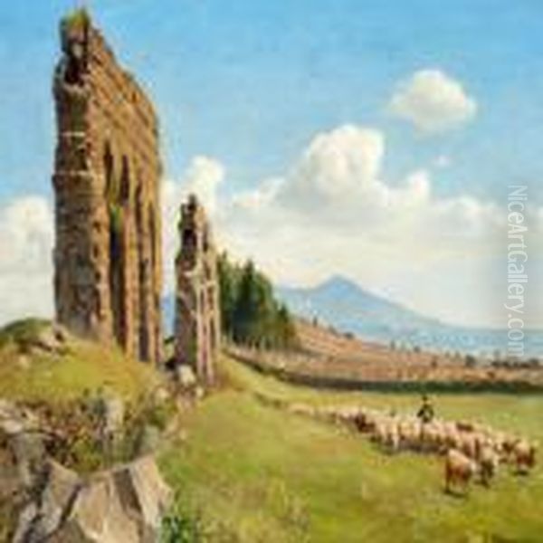 A Shepherd And His Sheep In The Roman Campagna Oil Painting by Hans Anderson Brendekilde