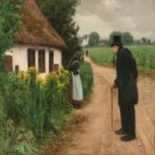 An Old Coupletalking In Front Of A Thatched House Oil Painting by Hans Anderson Brendekilde