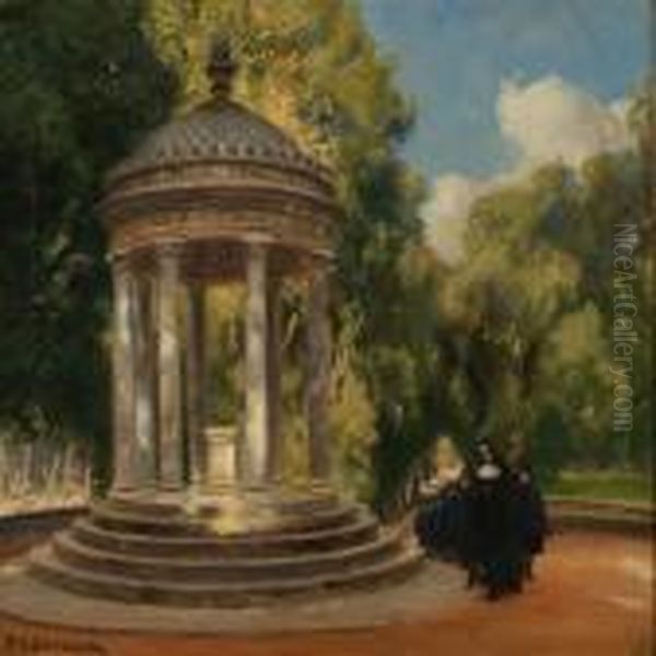 A Nun With Herstudents In The Borghese Park In Rome Oil Painting by Hans Anderson Brendekilde