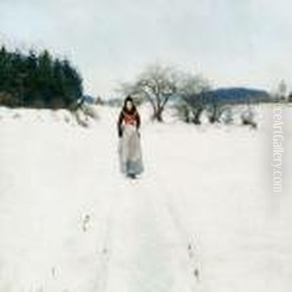 A Peasant Woman On A Snowy Path Oil Painting by Hans Anderson Brendekilde