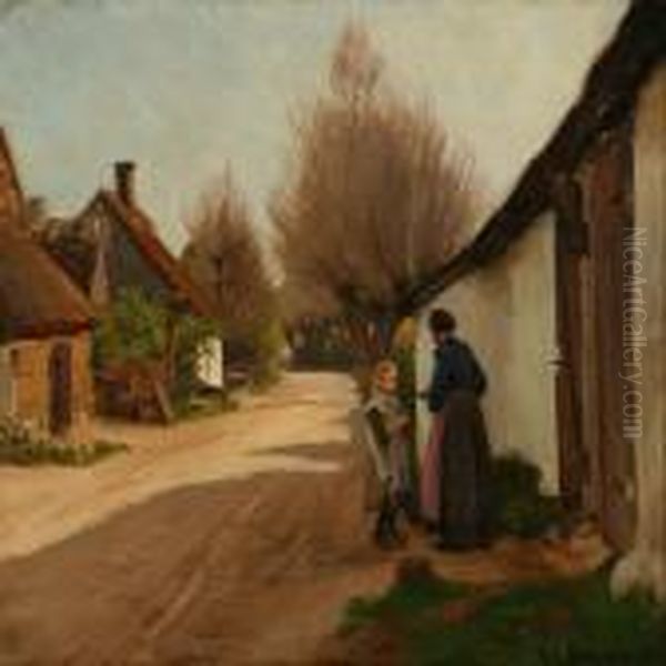 Village Road Withgrandmother And Grandchild In Front Of A House Oil Painting by Hans Anderson Brendekilde