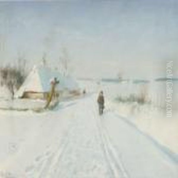 A Man Defying Thewinter Weather Oil Painting by Hans Anderson Brendekilde