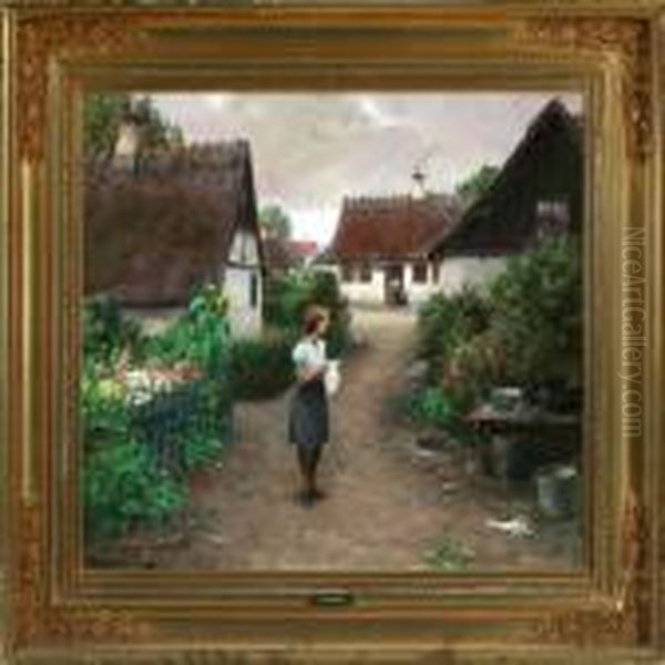 Small Village Life With A Girl Oil Painting by Hans Anderson Brendekilde