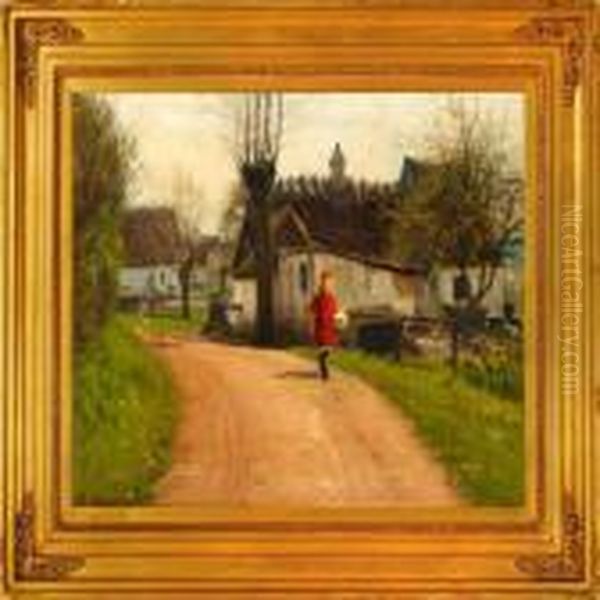 Girl With A Picnic Basket On A Village Road, Early Springtime Oil Painting by Hans Anderson Brendekilde