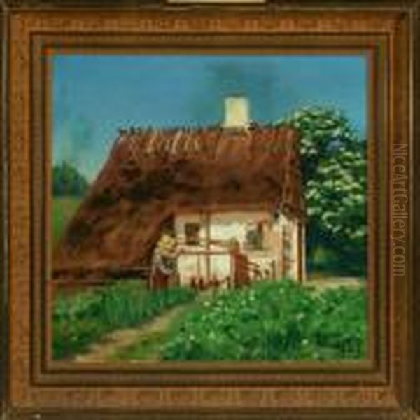 A Woman In The Garden By A Small House Oil Painting by Hans Anderson Brendekilde