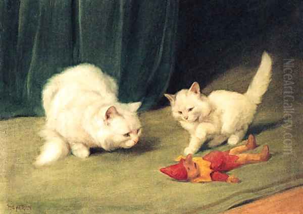 Two white Persians with a wooden Toy Oil Painting by Arthur Heyer