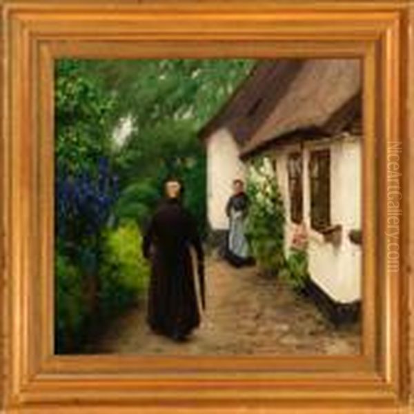 Two Women In Front Of A Cottage On A Calm Summer Day Oil Painting by Hans Anderson Brendekilde