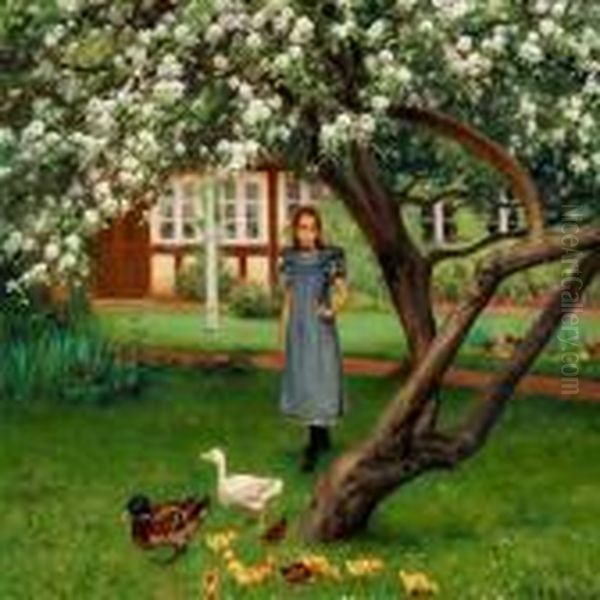 A Young Girlstanding Under An Apple Tree In Bloom Oil Painting by Hans Anderson Brendekilde