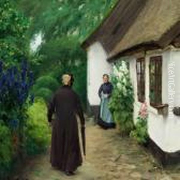 Two Women I Front Of A Cottage On A Summer Day Oil Painting by Hans Anderson Brendekilde