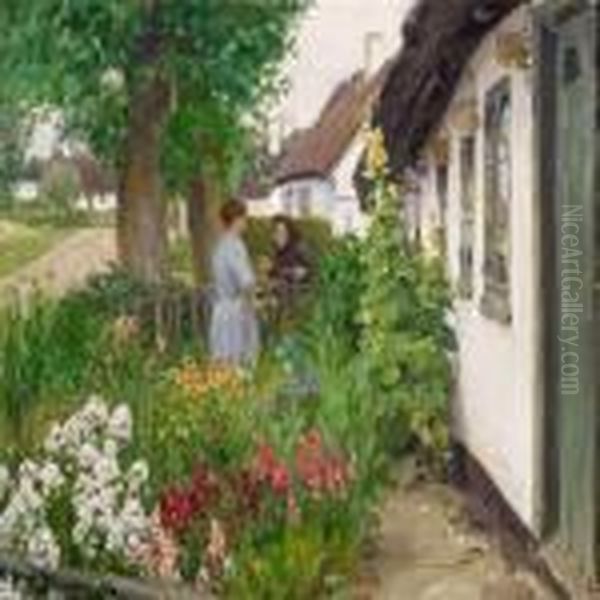 Two Women Inconversation In A Flowering Garden Oil Painting by Hans Anderson Brendekilde