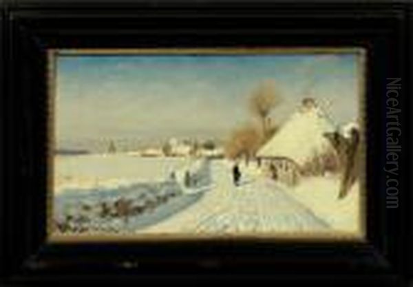 Danischewinterlandschaft Mit Dorf Im Schnee Oil Painting by Hans Anderson Brendekilde