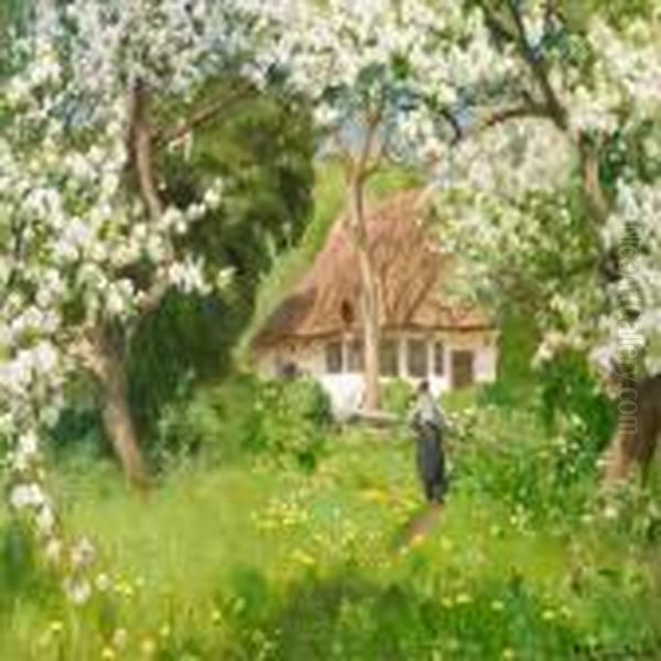 A Summer's Day In The Garden With Apple Trees In Bloom Oil Painting by Hans Anderson Brendekilde