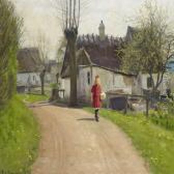 A Young Girl At A Small Village Road In Early Spring Time Oil Painting by Hans Anderson Brendekilde