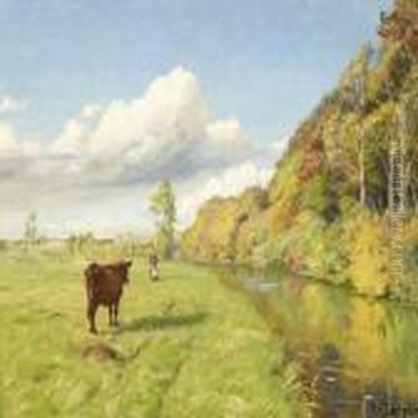 A Woman And A Cow Atthe Field Oil Painting by Hans Anderson Brendekilde