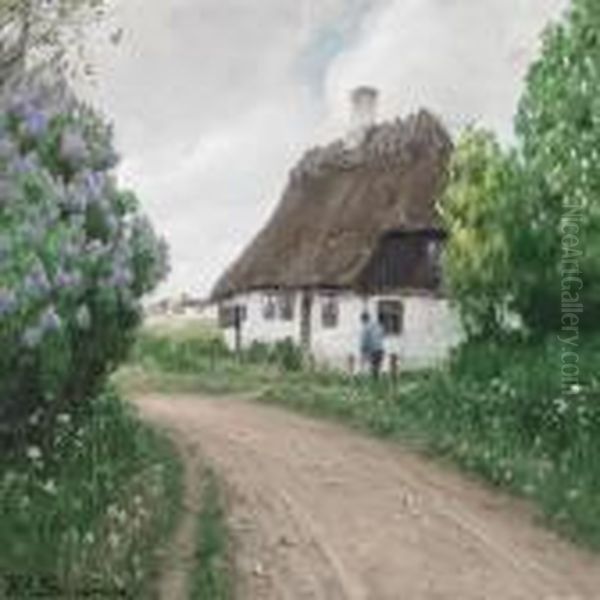 Exterior With Treesin Bloom And Man By Cottage Oil Painting by Hans Anderson Brendekilde