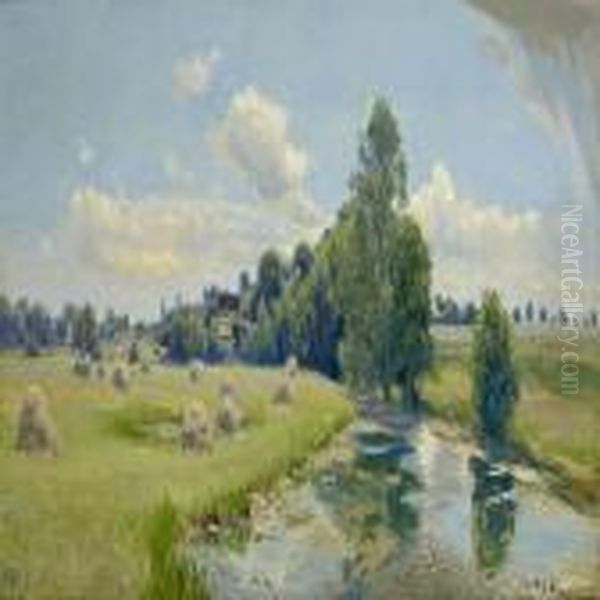 A Summer Sceneryalong Odense A With Harvesters In The Field Oil Painting by Hans Anderson Brendekilde