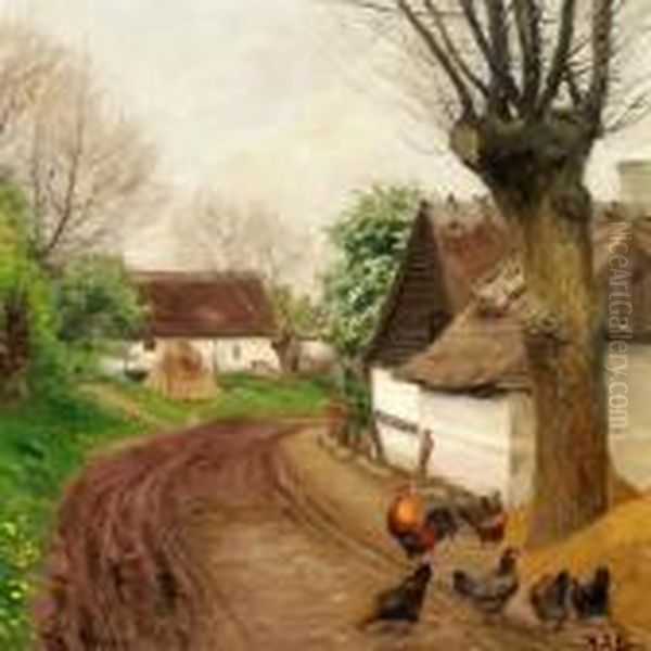 Fowls Under A Tree Near A Whitewashed Cottage Oil Painting by Hans Anderson Brendekilde