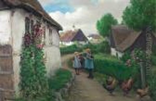 Country Street With Playing Girls And Hens. Signed H. A. Brendekilde Oil Painting by Hans Anderson Brendekilde