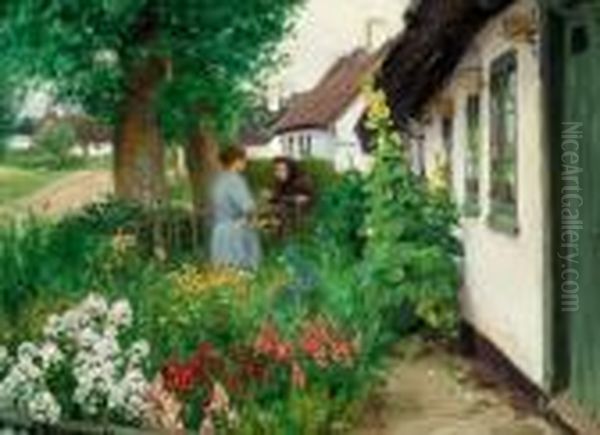 Two Women In A Garden In Front Of White Farmhouses Oil Painting by Hans Anderson Brendekilde