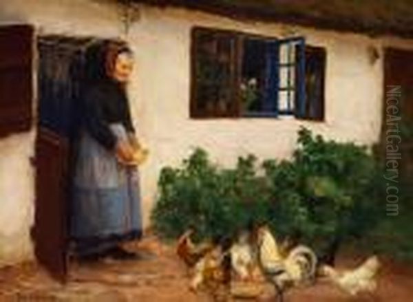 H. A. Brendekilde: An Old Woman Is Feeding Her Chicken In Front Of A White House Oil Painting by Hans Anderson Brendekilde