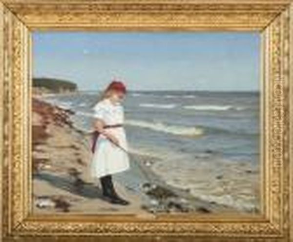 A Young Girl In A White Dress At Nyborg Beach Oil Painting by Hans Anderson Brendekilde