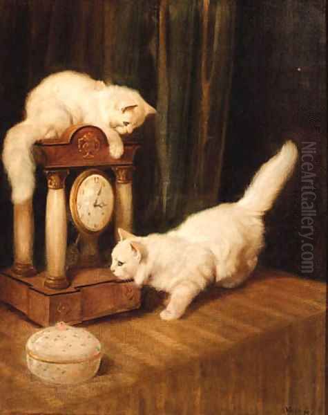 Two Persian cats with a clock on a table Oil Painting by Arthur Heyer