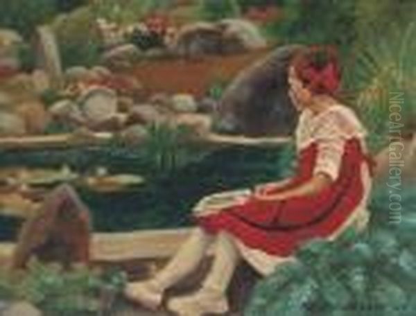 A Young Girl Seated By A Pond Oil Painting by Hans Anderson Brendekilde