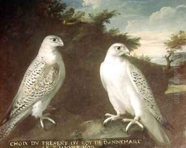 Pair of Gyrfalcons in a Landscape Oil Painting by Ferdinand Phillip de Hamilton