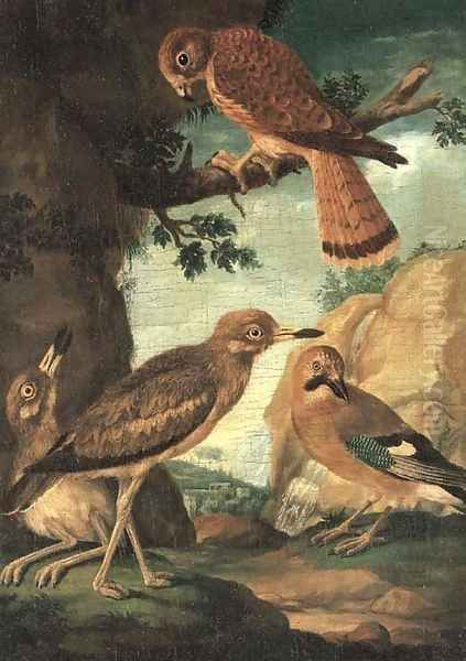 A chuff, hawk, sparrow and kestrel in a landscape Oil Painting by Ferdinand Phillip de Hamilton